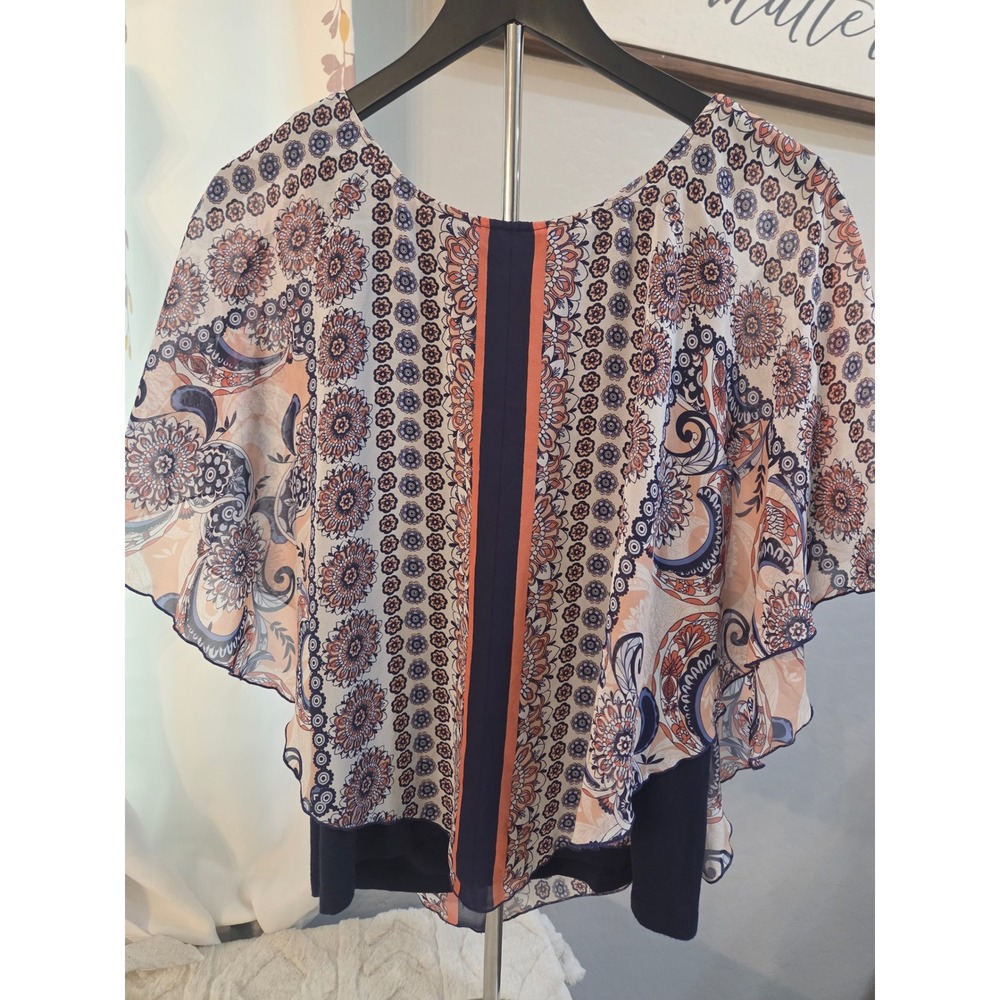 Vintage AB Studio Navy Coral Paisley Floral Layered Cape‎ Sleeve Blouse Small
